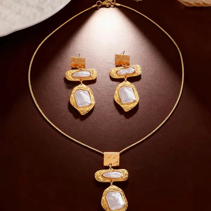 Baroque Pearl Drop Earrings & Necklace Set Zinc Alloy Retro Jewelry