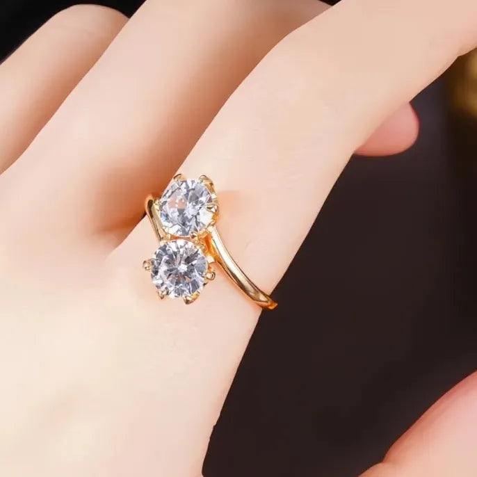 Women’s Elegant Brass Wedding Band Ring with Double Cubic Zirconia Gems