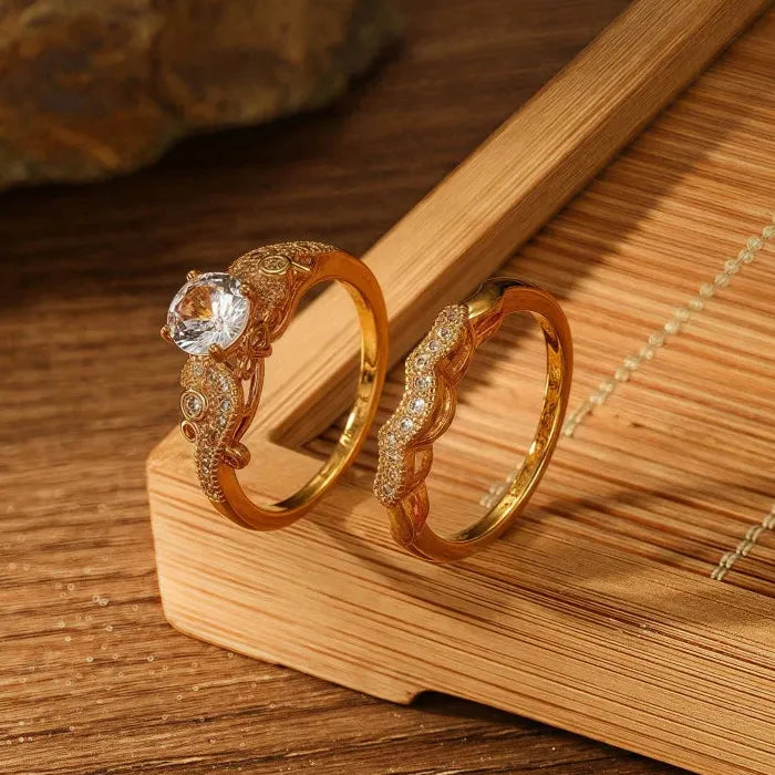 2 Pieces Copper Rings with Gold Inlaid Cubic Zirconia for Women Engagement Party Jewelry