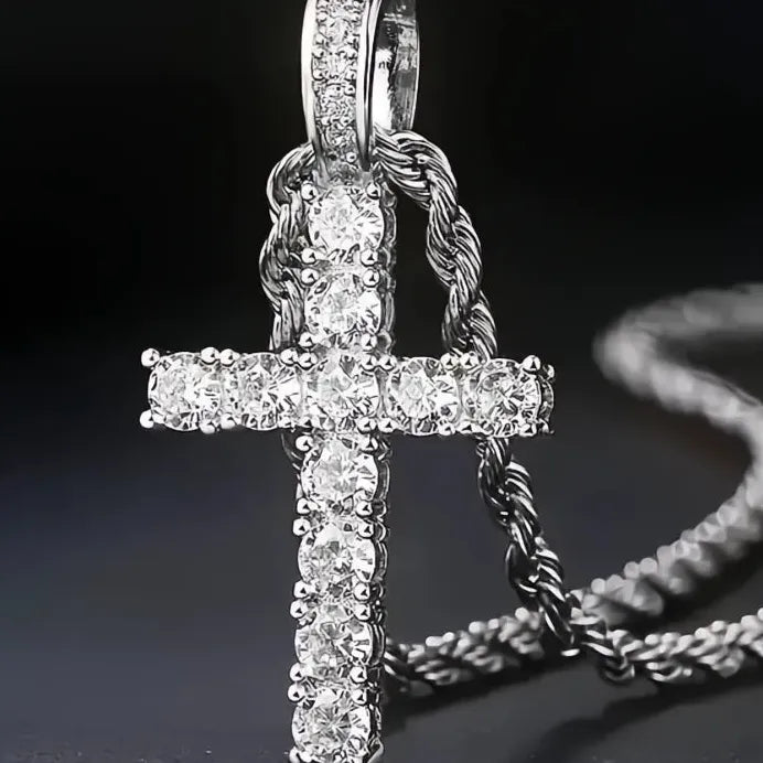 Women’s Cross Pendant Necklace with Long Chain and Cubic Zirconia Stones