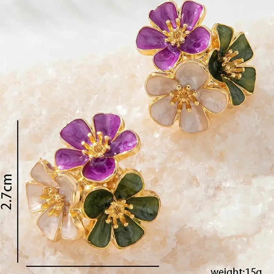 Vintage Metal Drip Oil Five Petal Flower Stud Earrings for Women Gift