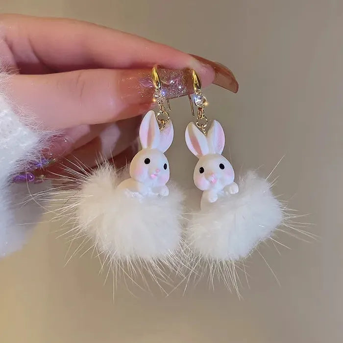 White Plush Cotton Rabbit Carrot Drop Earrings Cute Winter Gift