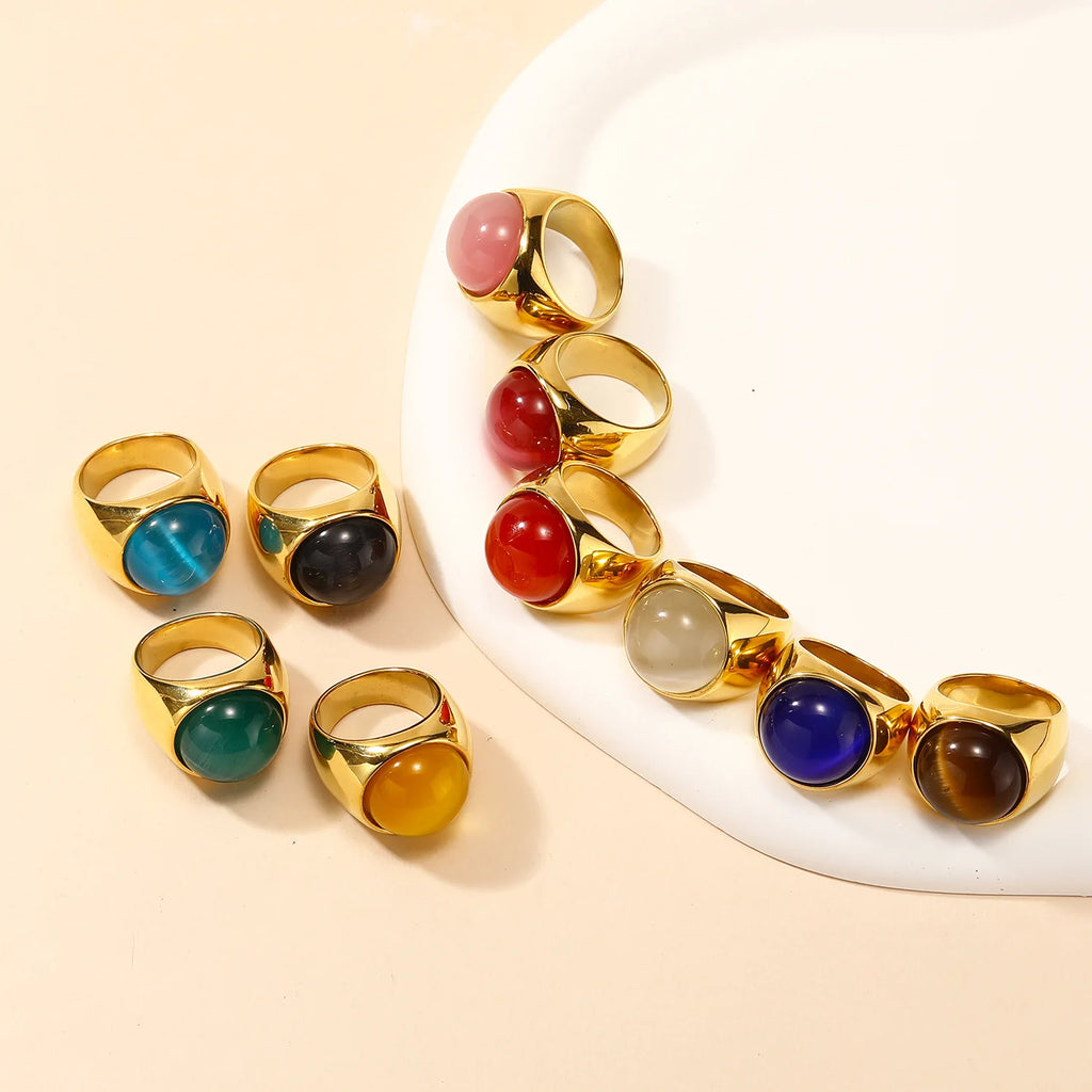 18K Gold Plated Stainless Steel Opal Ring Chunky Geometric Wedding Band Hypoallergenic