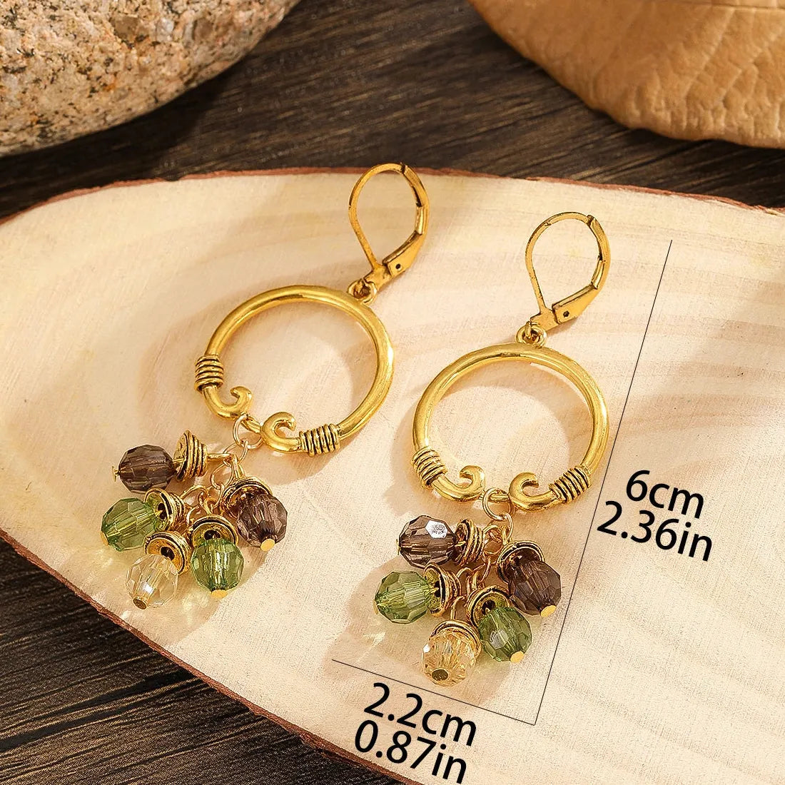 Ethnic Vintage Colorful Round Stone Resin Hoop Hollow Dangle Earrings Women