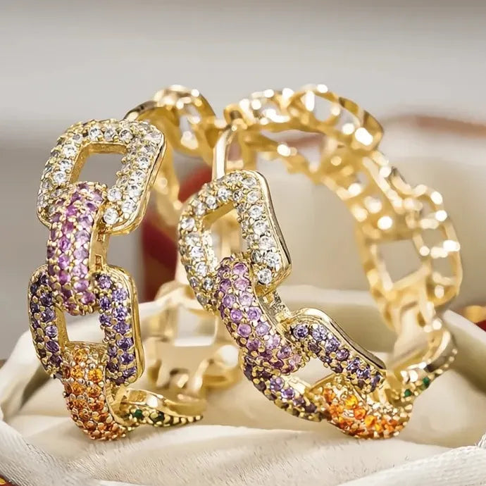Geometric Chain Link Women Hoop Earrings Multi-Color CZ Copper Alloy