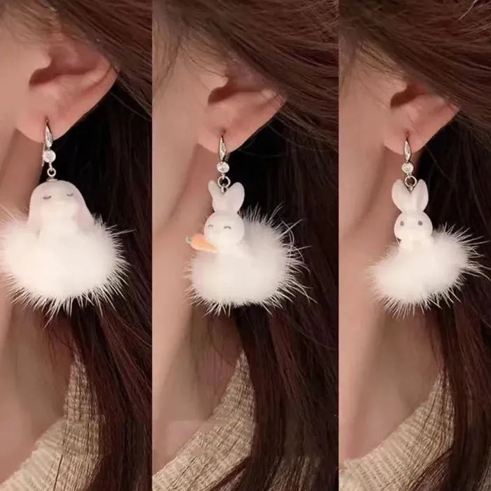 White Plush Cotton Rabbit Carrot Drop Earrings Cute Winter Gift