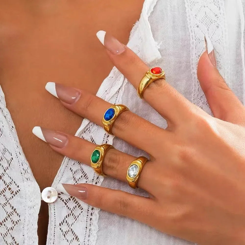 Retro Multicolor Zircon Oval Crystal Stainless Steel Gothic Chunky Knuckle Ring for Women