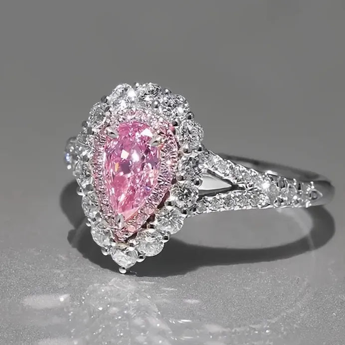 Elegant Pink Waterdrop Cubic Zirconia Wedding Band Ring for Women