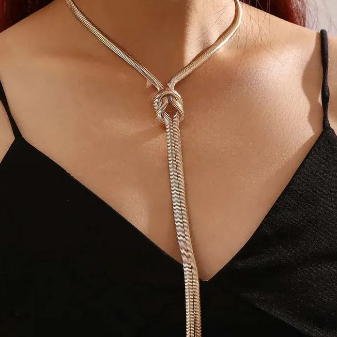 Vintage Gold Snake Chain Knot Tassel Necklace Women Punk Thick Metal Jewelry Gift