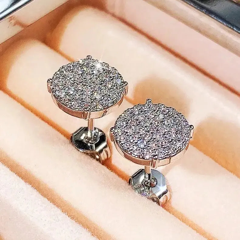 Round Stud Earrings with Shiny CZ Stone Silver Gold Copper Metal Jewelry Women