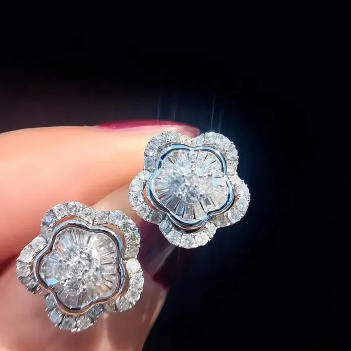 Geometric Silver Flower Cubic Zirconia Wedding Stud Earrings Jewelry