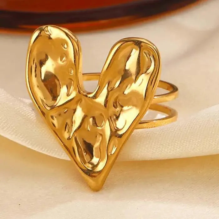 18K Gold Color Stainless Steel Heart Pattern Double Thin Ring Women Jewelry