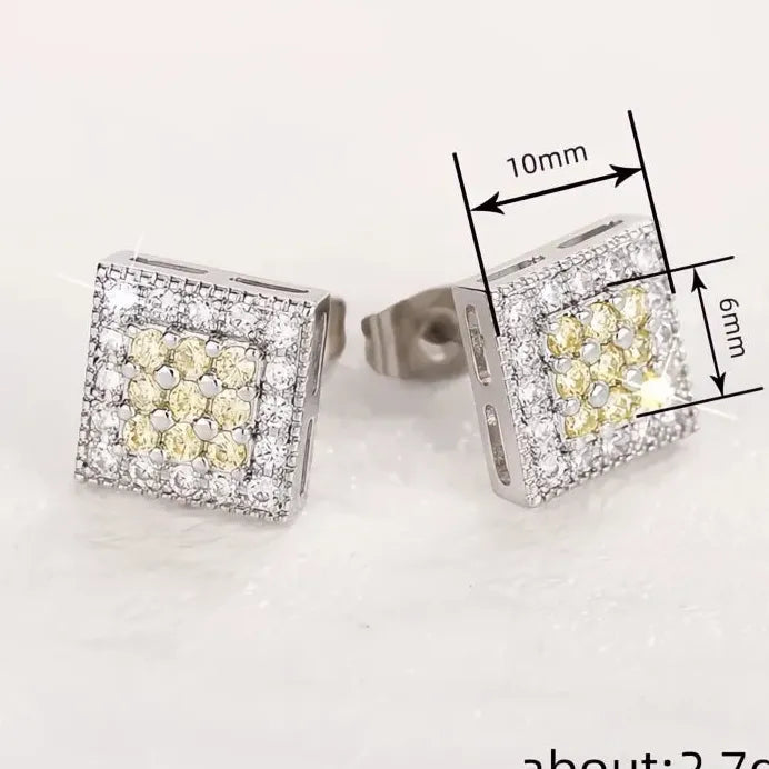 Elegant Square Women Stud Earrings Yellow White CZ Copper Alloy Jewelry