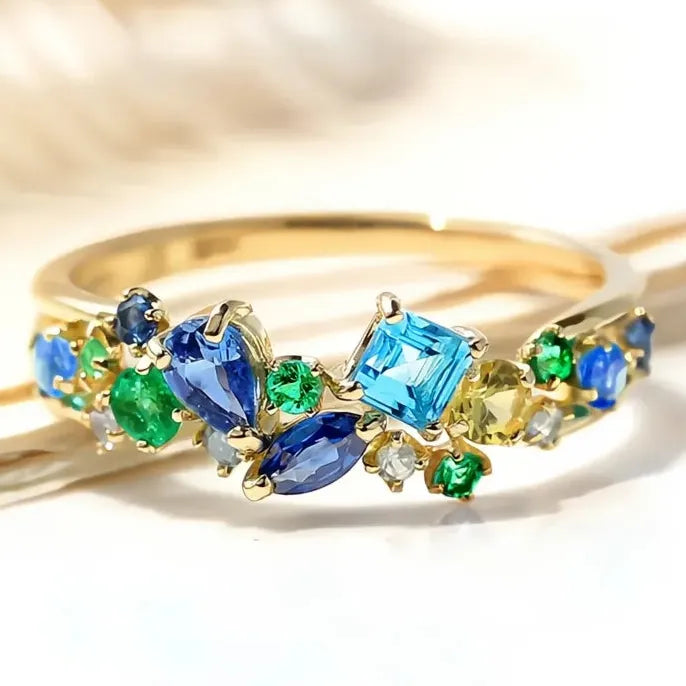 Modern Women's Brass Geometric Ring with Blue Green Cubic Zirconia Jewelry