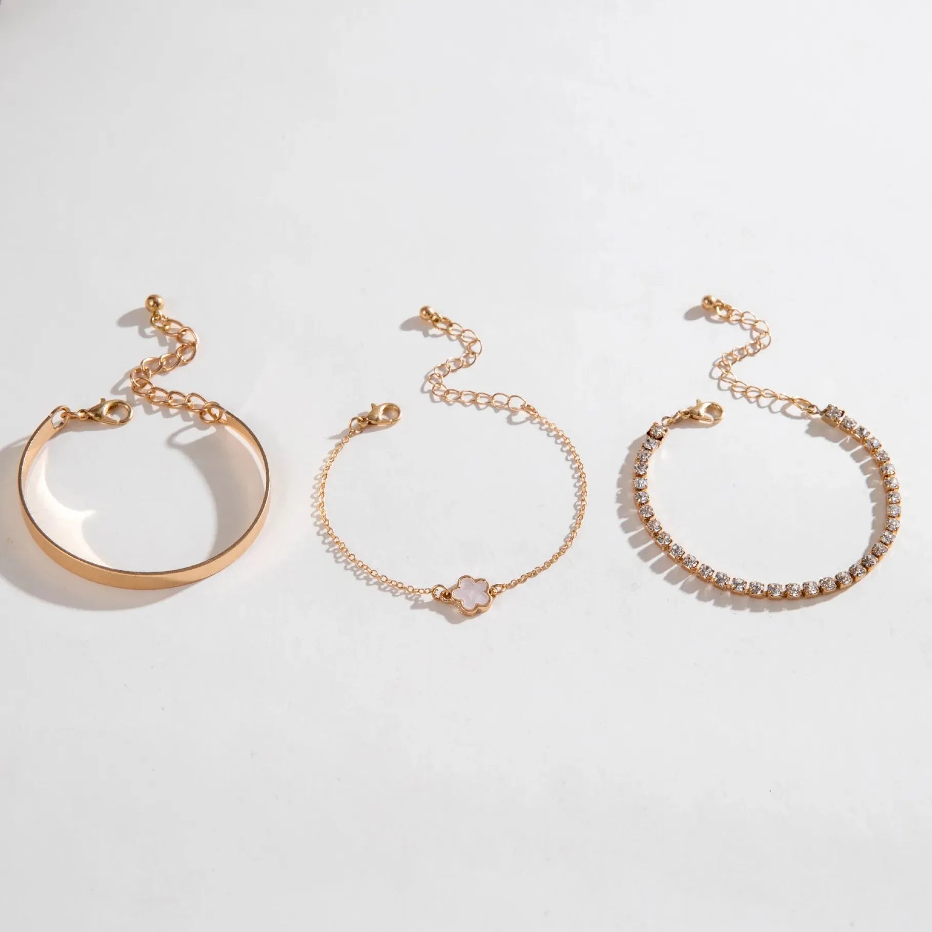 3Pcs Bohemia Minimalism Metal Rhinestone Chain Flower Bracelets for Women Gold