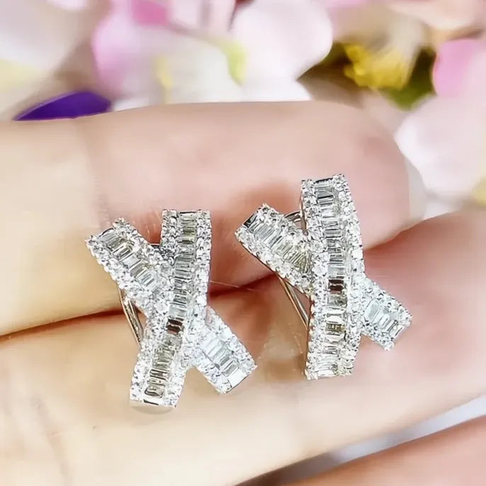 X Shaped Copper Alloy Stud Earrings with White Cubic Zirconia for Wedding