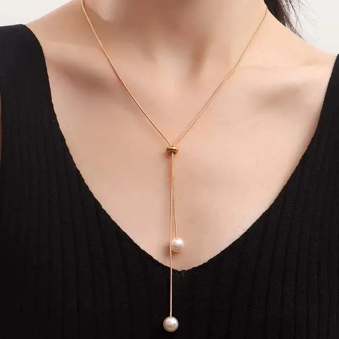 Vintage Metal Snake Chain Pearl Pendant Necklace for Women Adjustable Gold Tassel Jewelry