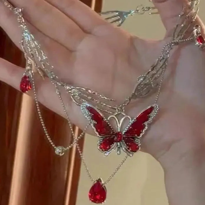 Gothic Red Crystal Butterfly Pendant Silver Ghost Claw Short Choker Necklace Women Jewelry