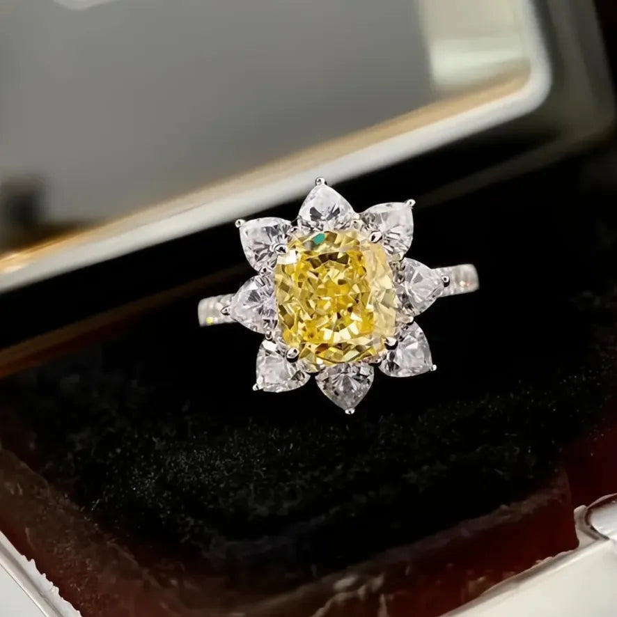 Luxury Sunflower Brass Wedding Band Ring for Women with Yellow CZ Flower Gift