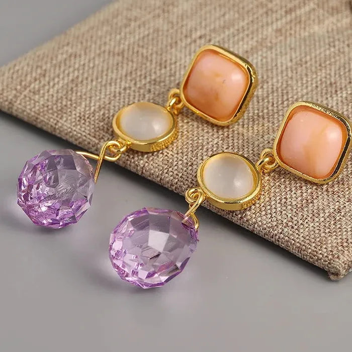Elegant Purple Synthetic Crystal Geometric Pendant Drop Earrings Zinc Alloy Gemstone
