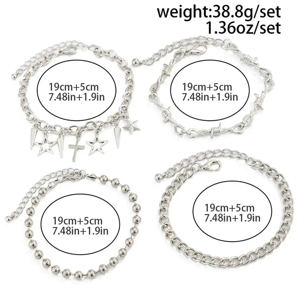 4Pcs Punk Cross Rivet Star Multi-Layer Cuban Chain Bracelet Set for Men Women