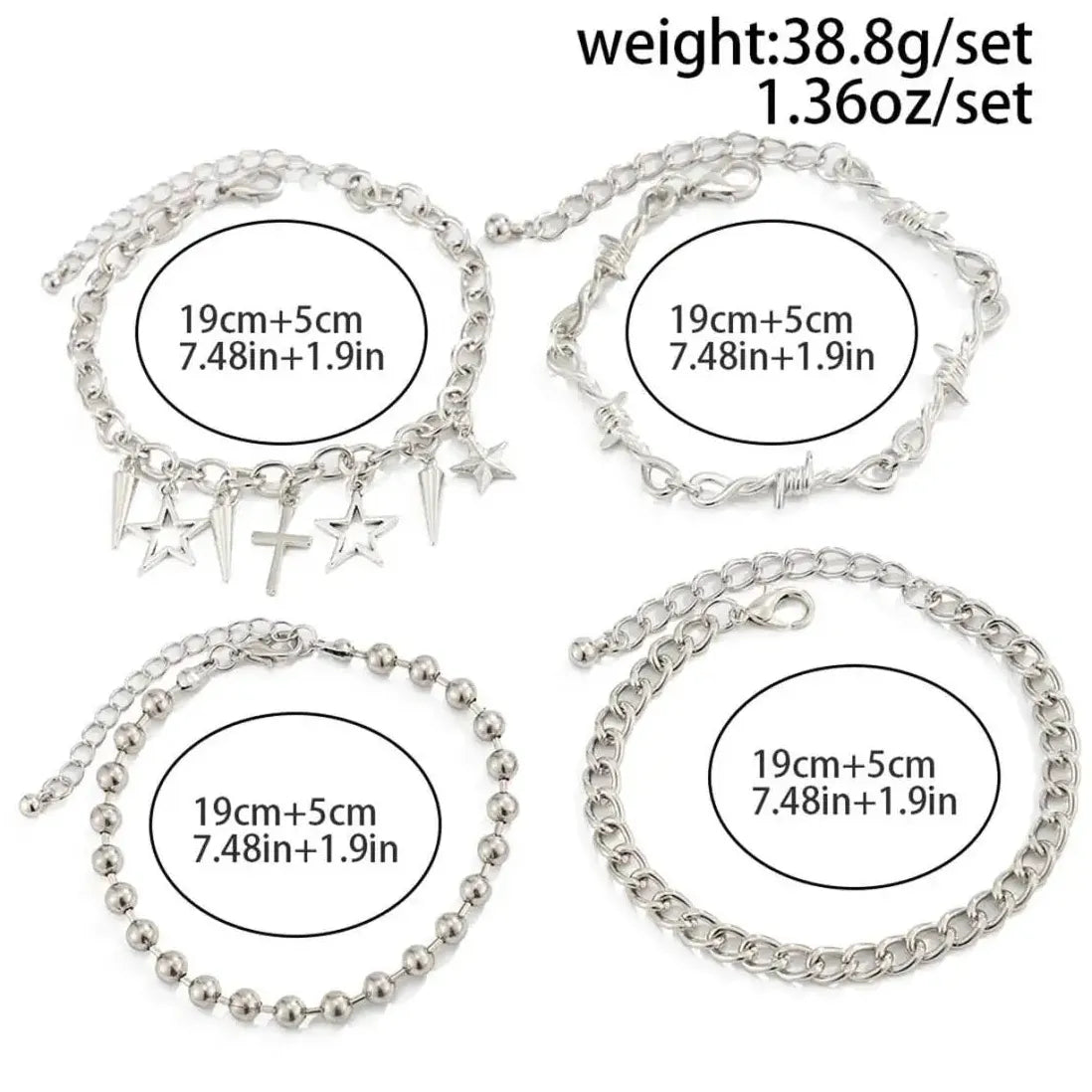 4Pcs Punk Cross Rivet Star Multi-Layer Cuban Chain Bracelet Set for Men Women