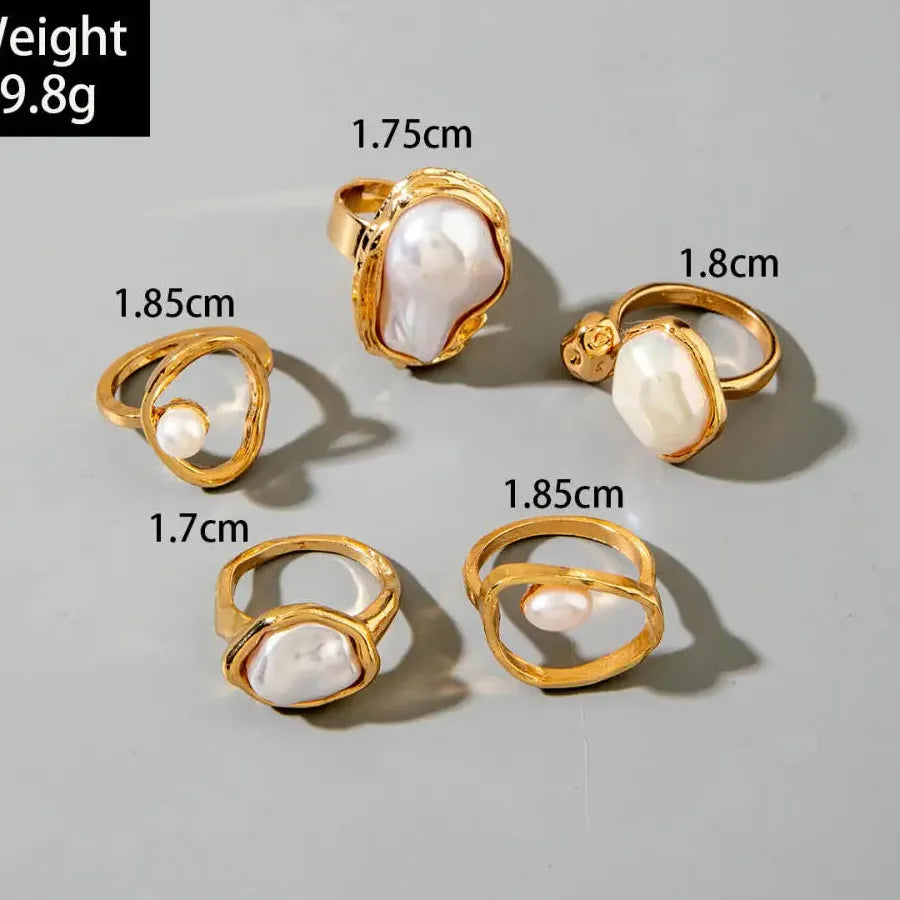 5Pcs Retro Baroque Pearl Asymmetric Geometric Gold Rings Set for Women Jewelry