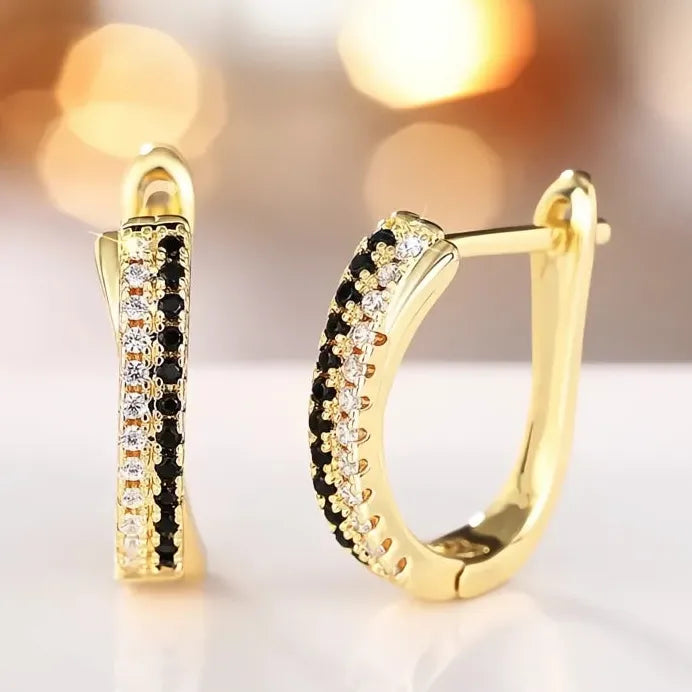 Gold Geometric Hoop Earrings for Women with White & Black Cubic Zirconia