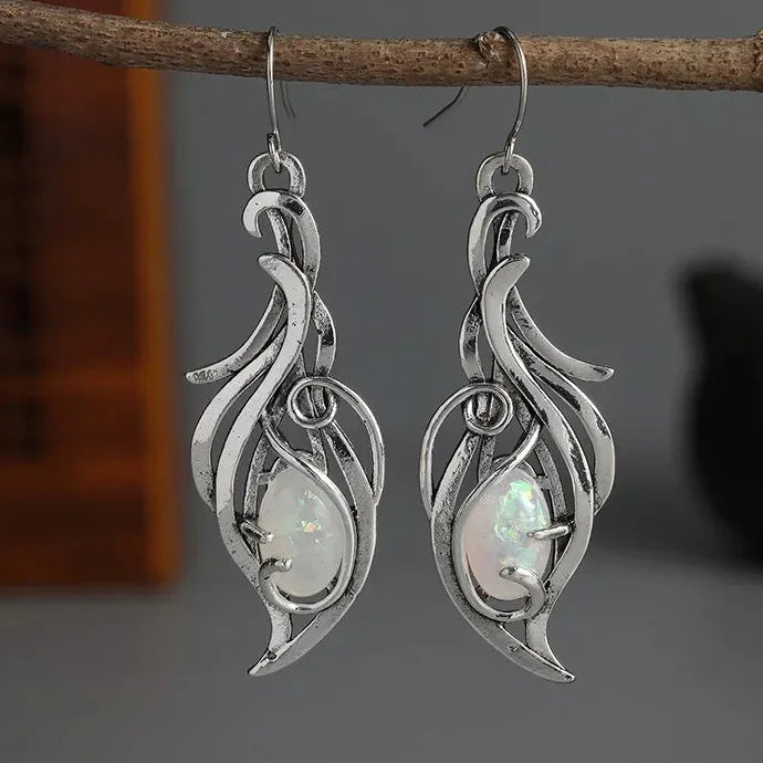 Oval Fire Opal Drop Earrings for Women Bohemian Silver Zinc Alloy Jewelry Gift