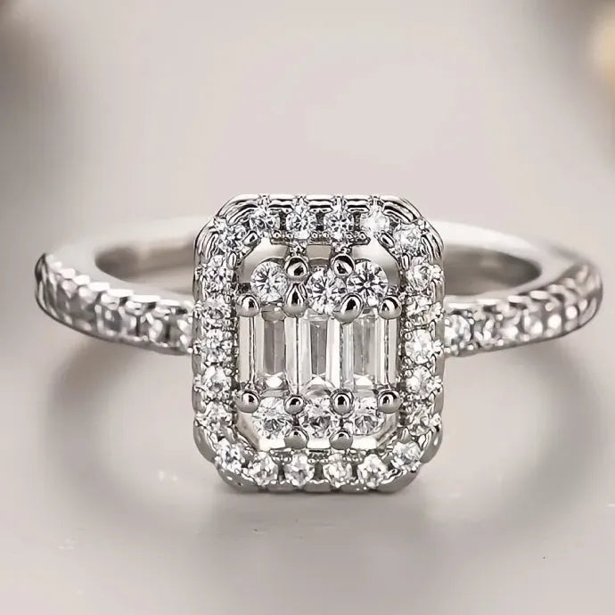 Silver Cubic Zirconia Women’s Wedding Engagement Ring Brass Geometric Design