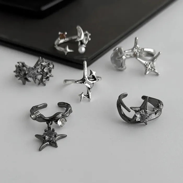 6Pcs Adjustable Metal Pentagram Star Rings Set Hip-Hop Punk Men Jewelry
