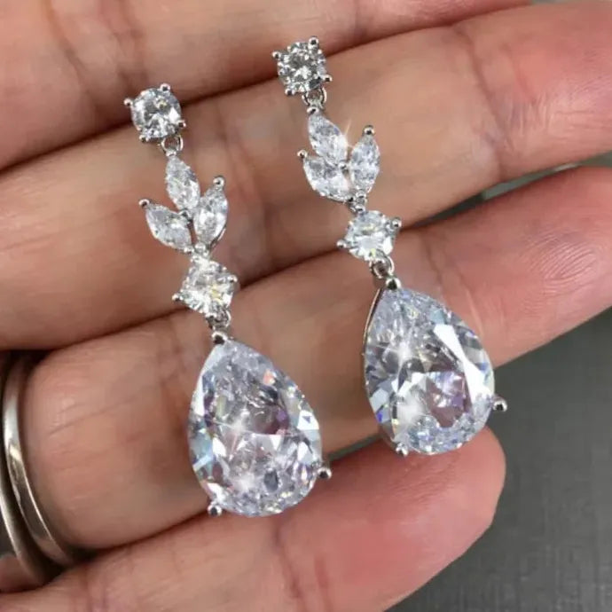 Water Drop Cubic Zirconia Dangle Earrings Silver Color Zinc Alloy Wedding Engagement