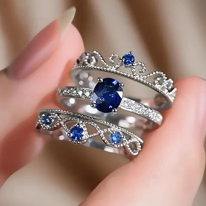 Noble Blue Cubic Zirconia 3Pcs Rings Set for Women Wedding Party Silver Color Luxury Fashion Jewelry