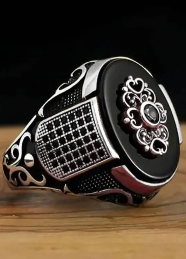 Retro Handmade Turkish Men’s Silver Zinc Alloy Ring with Zircon Inlay