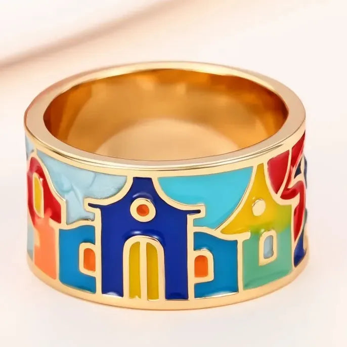 Gold Brass Enamel Geometric Ring for Women Trendy Party Gift