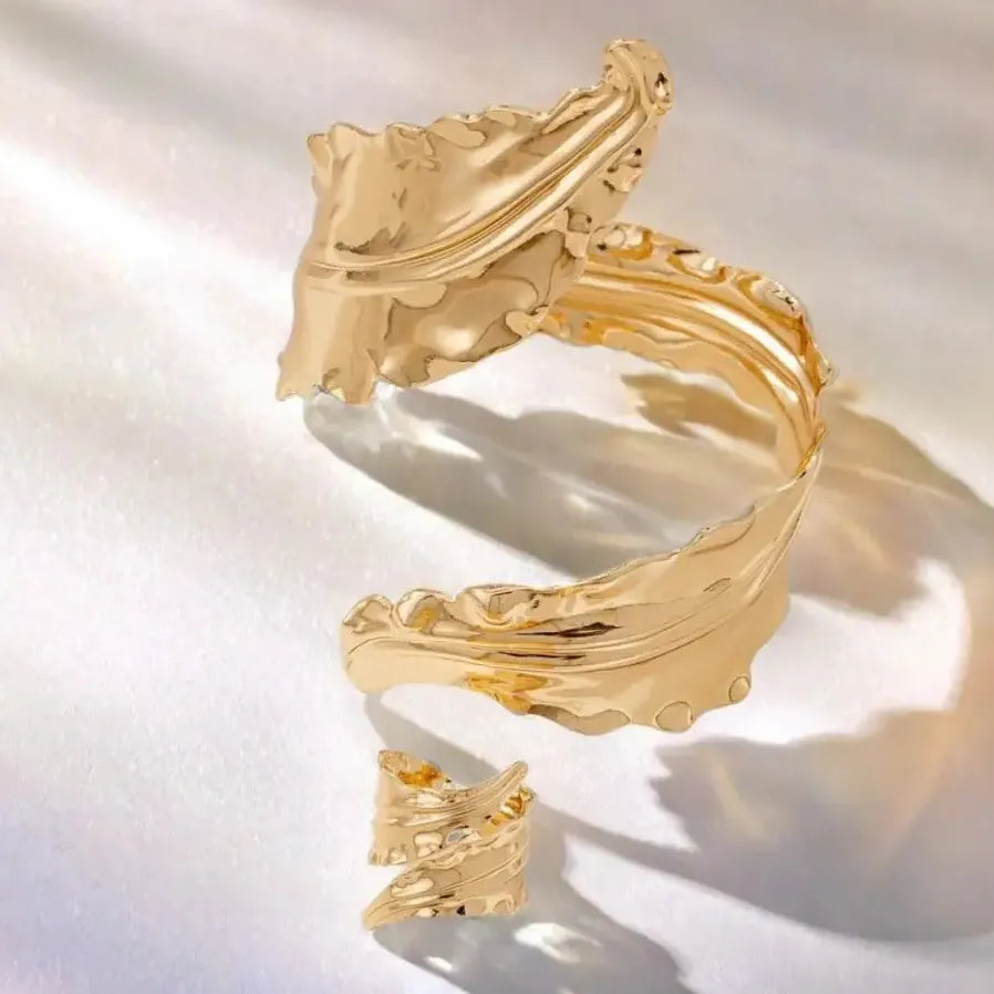 2PCS Vintage Leaf Bracelet & Adjustable Ring Set for Women Jewelry Gift