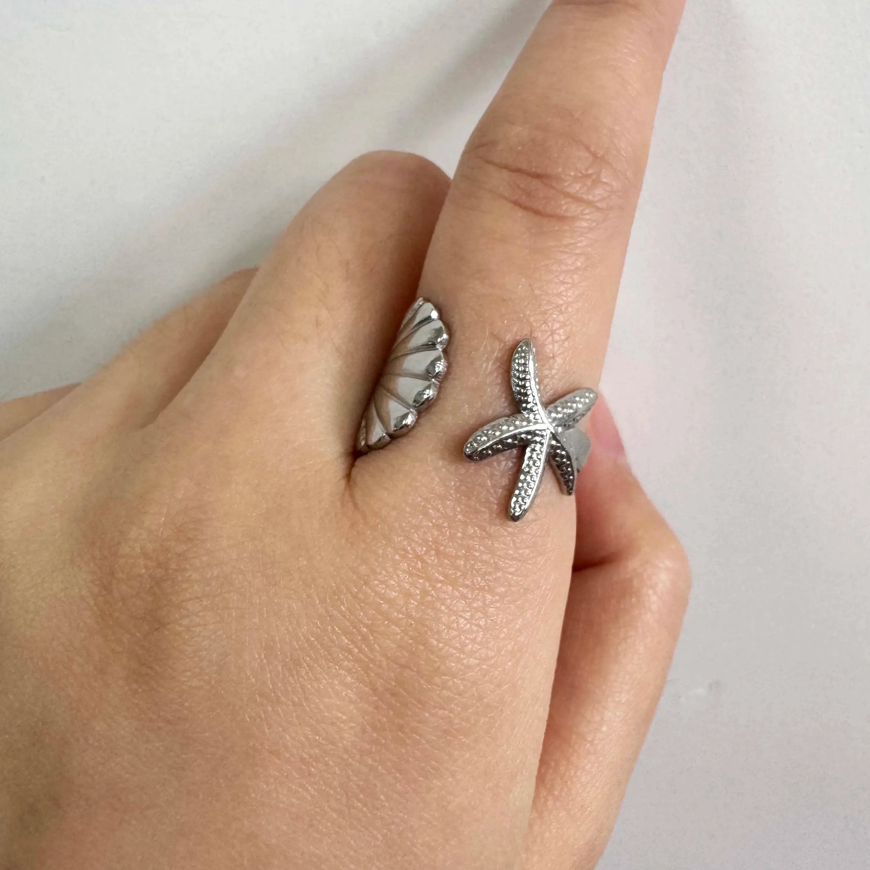 Adjustable Stainless Steel Starfish Multi-Layer Vintage Silver Ring for Women Men Jewelry