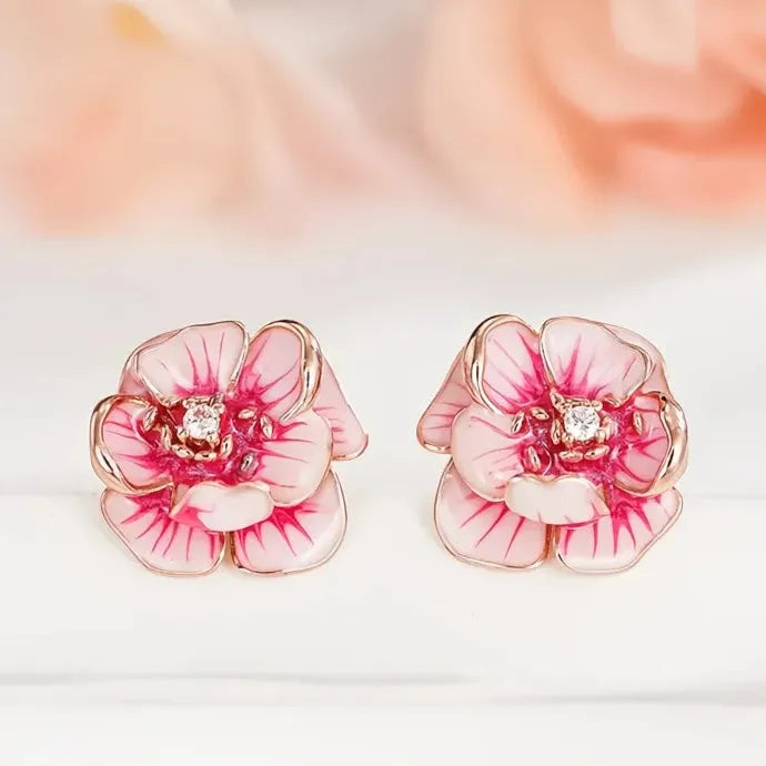 Pink Flower Geometric Copper Alloy CZ Stud Earrings Women Party Wedding Jewelry