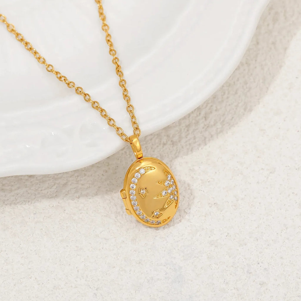 Sun Moon Star Openable Photo Frame Necklace Stainless Steel 18K Gold Jewelry