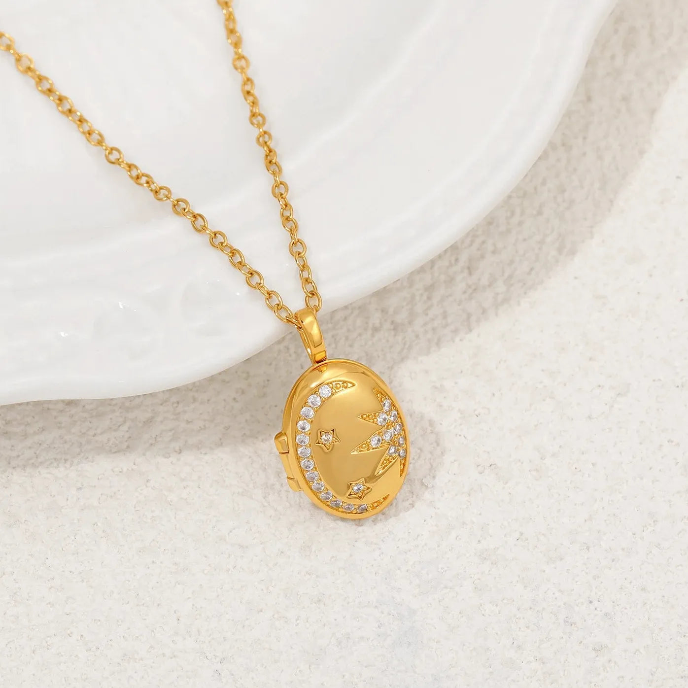 Sun Moon Star Openable Photo Frame Necklace Stainless Steel 18K Gold Jewelry