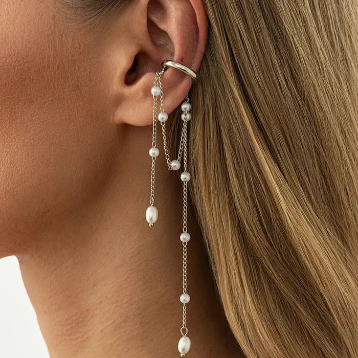 Adjustable Pearl Beaded Tassel Clip Earrings Non-Pierced Ear Cuff Gift