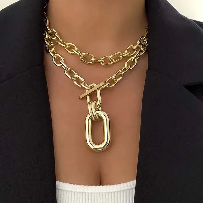 Gold Color Large Elliptical Geometric Pendant Necklace Chunky Chain Gift