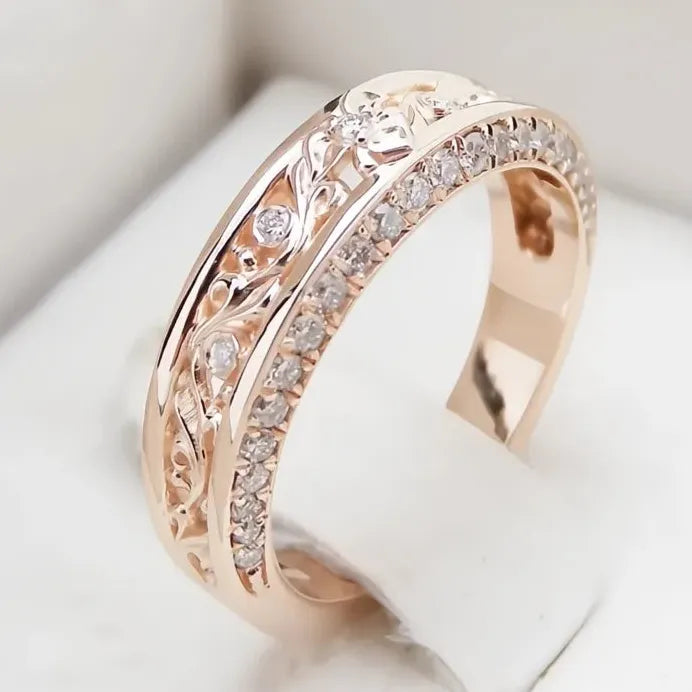 Rose Gold Flower Hollow Band Ring with Sparkling CZ Cubic Zirconia