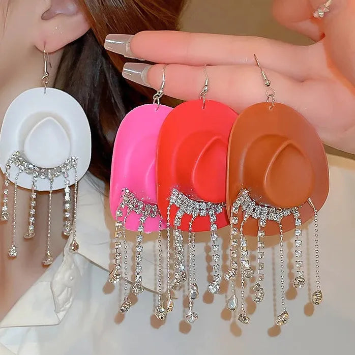 Cowboy Hat Tassel Earrings Women Copper Alloy Rhinestone Drop Y2K Jewelry
