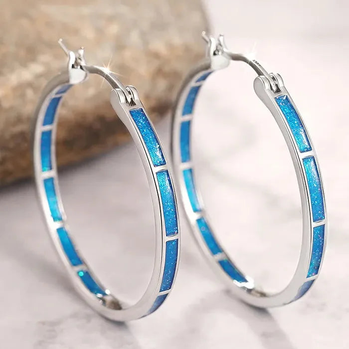 Big White and Blue Epoxy Resin Round Earrings for Women Brides, Copper Jewelry