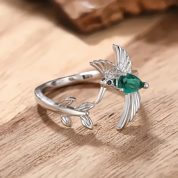 Brass Bird Cocktail Ring with Green CZ for Women Fashion Party Jewelry