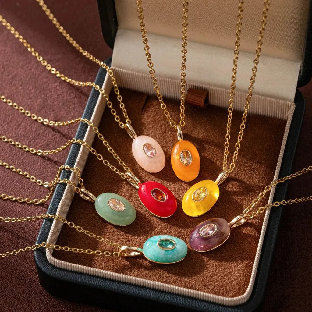 18K Gold Plated Stainless Steel Oval Multicolor Zircon Pendant Necklace Choker