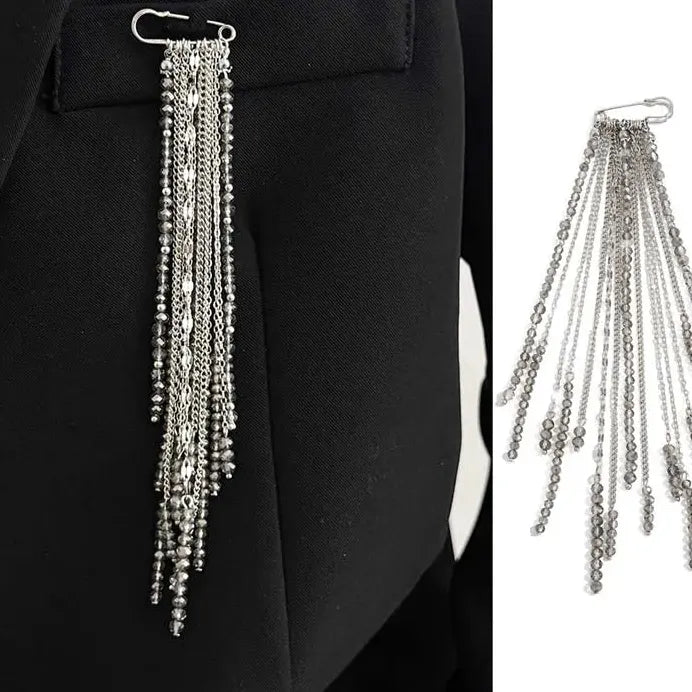 Geometric Black Crystal Long Tassel Zinc Alloy Brooch for Women