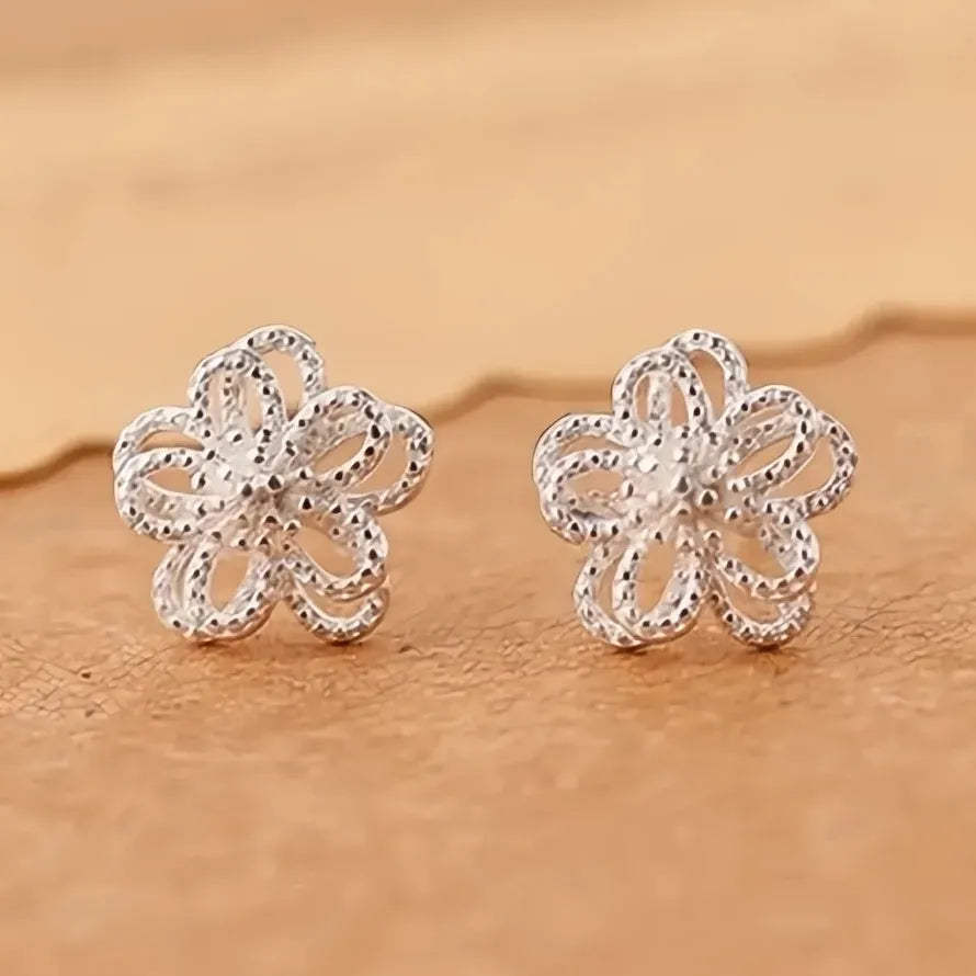 Silver Double Layer Geometric Flower Stud Earrings for Women Gift Copper Alloy