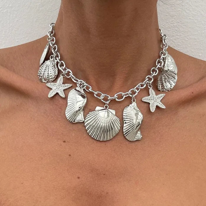 Vintage Starfish Shell Pendant Necklace Adjustable Metal Beach Gift for Women